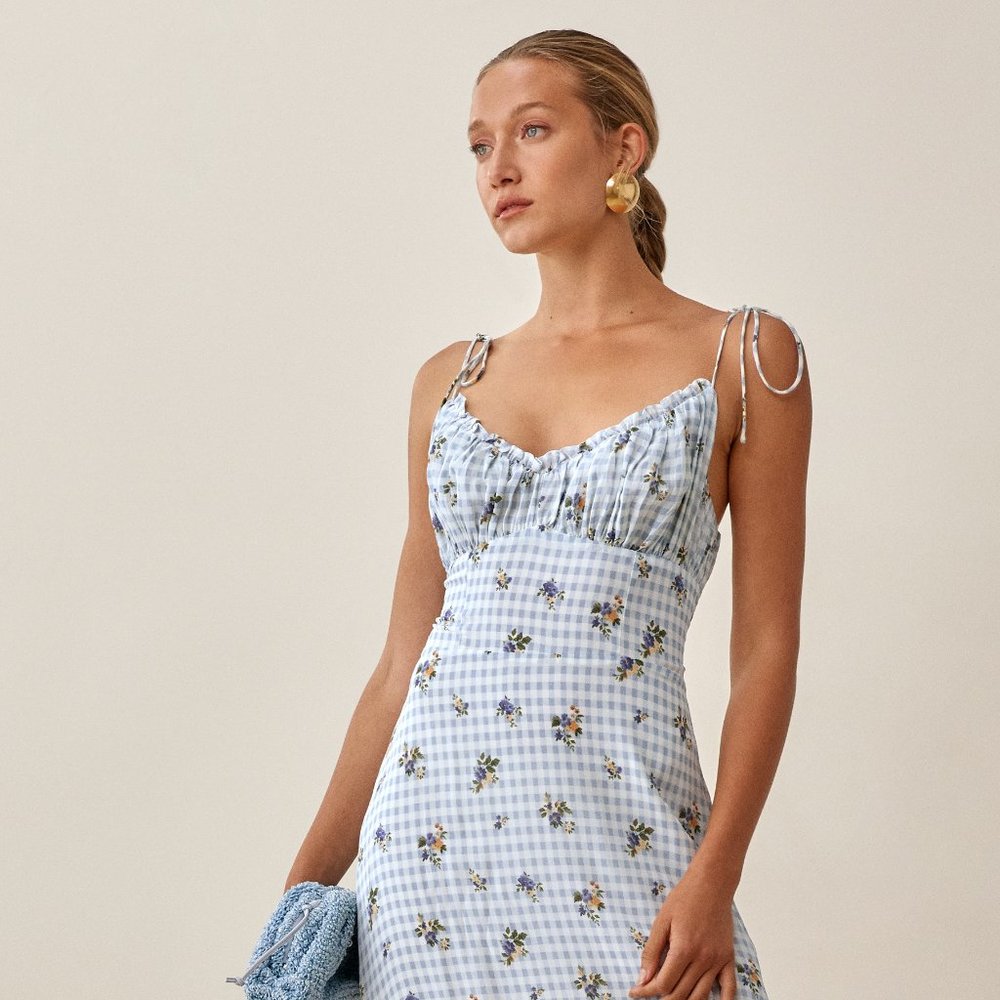 Reformation Embry Al Fresco Midi Dress - Size 8 Blue Gingham